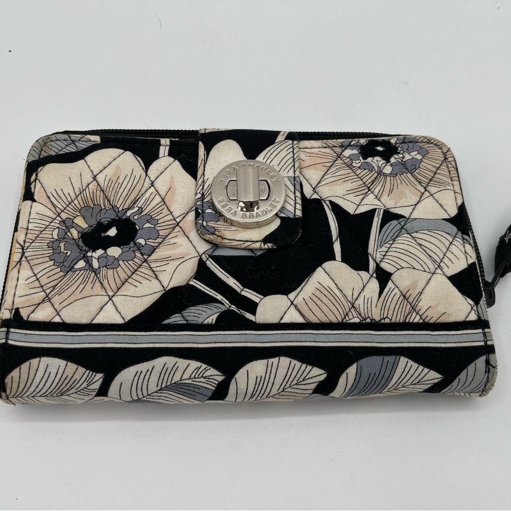 Vera Bradley Black Cream Gray Floral Quilted Turn-Lock Wallet